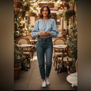 A New Day 3/4 Bubble Sleeve blue crop Top